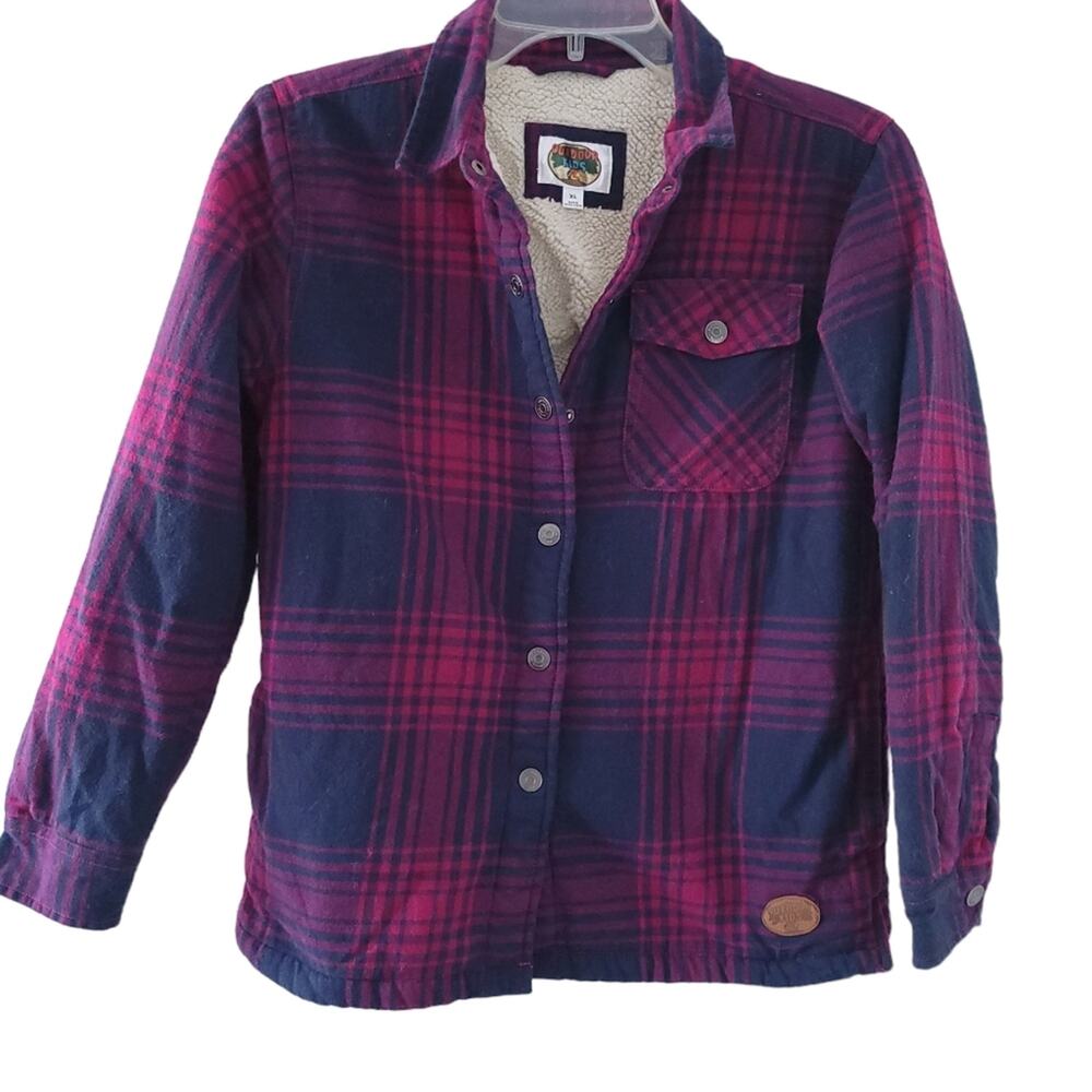 Outdoor Kids Plaid Shacket Jacket XL Girls Pink Blue, Sherpa Lined, Button Down